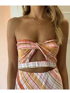 Bec & Bridge Pink and Orange Plaid Twist Front Crop Top